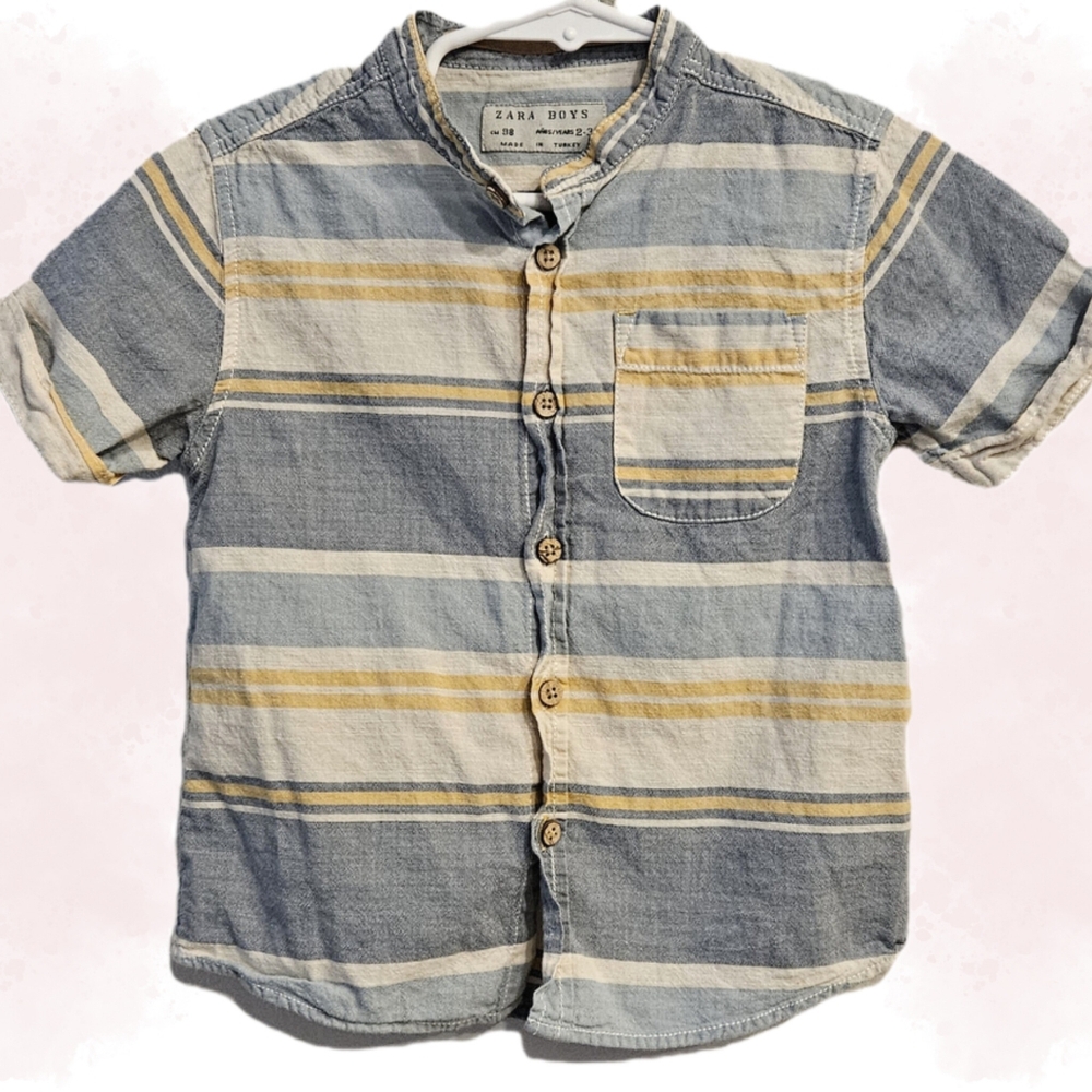 Zara Boys Blue & Yellow Striped Short Sleeve Button-Up | Size 2-3 Years